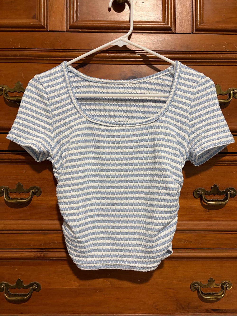 Striped Light Blue & White Short Sleeve Scoop Neck Top